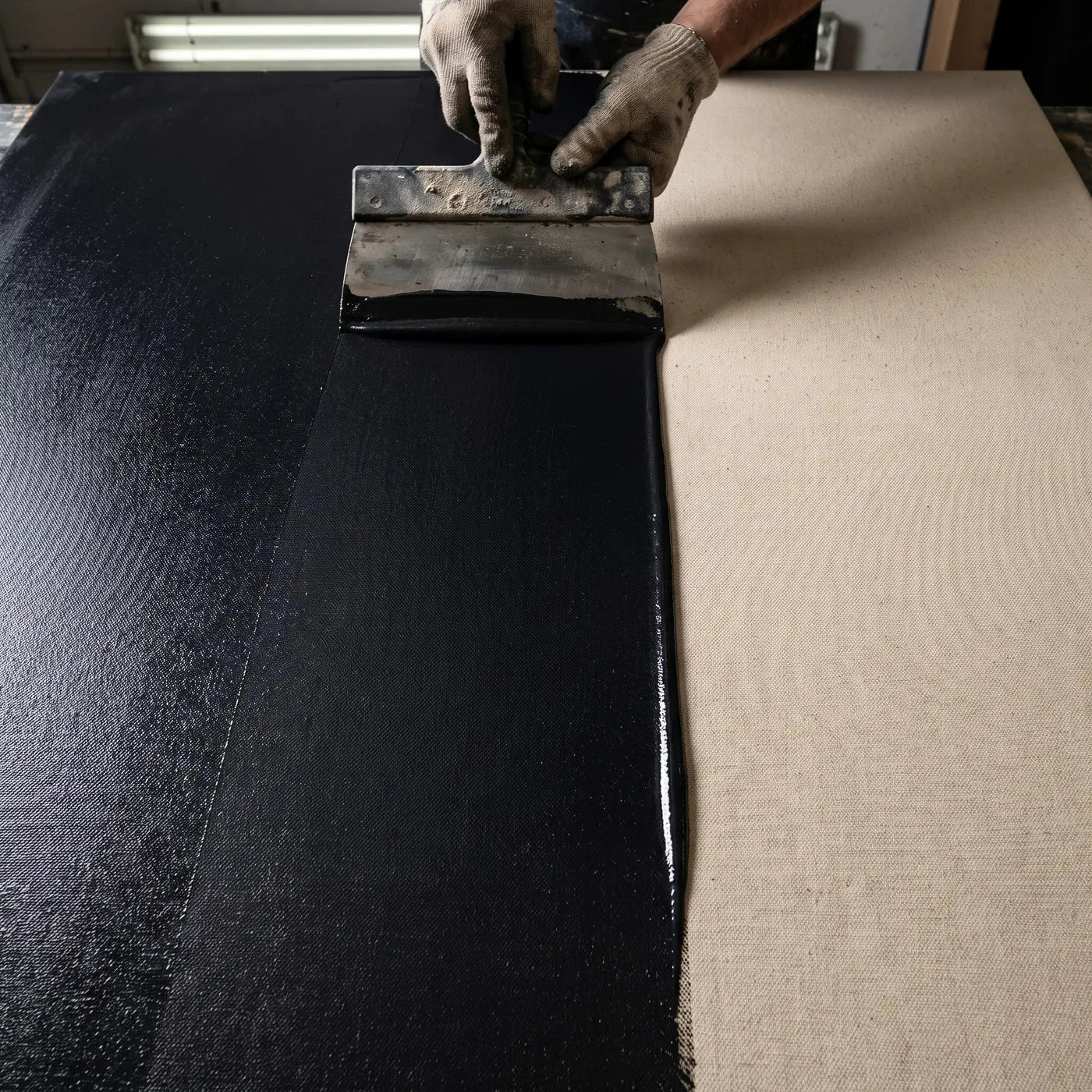 Applying black gesso with a palette knife to a large canvas, surface detail