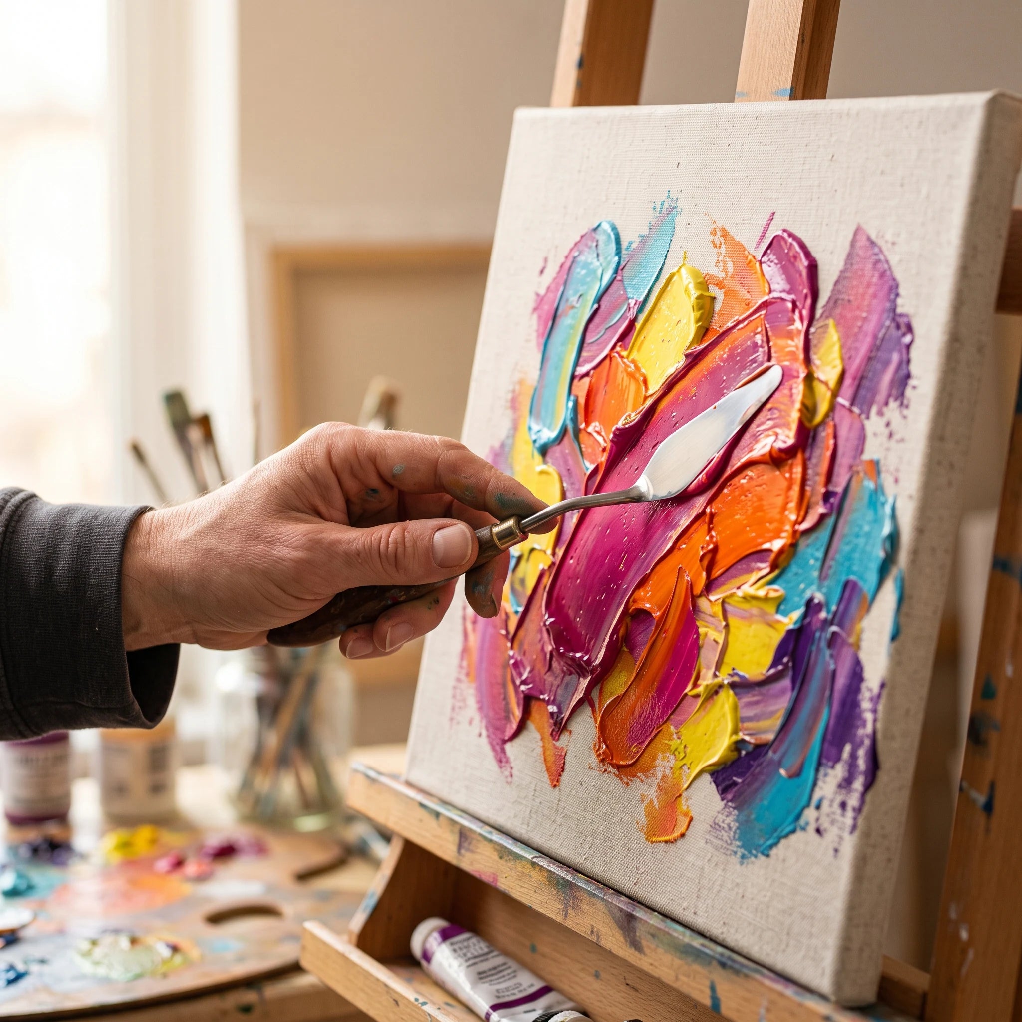 Dikke El Greco acrylverf aanbrengen met het schildersmes — impasto-effect