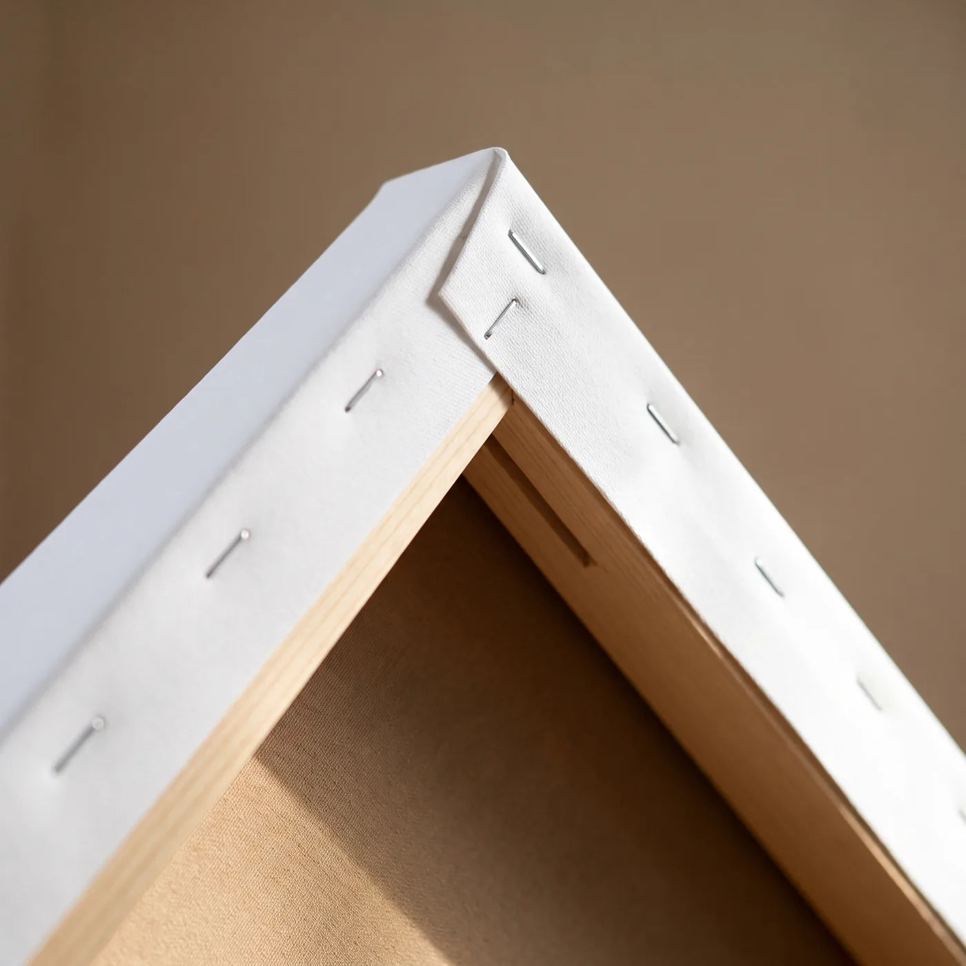 Corner of the 3D+ stretcher frame — deep spruce stretcher bar, straight row of staples and stretched canvas