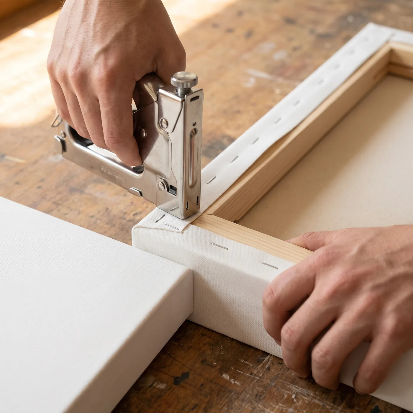 Stretching canvas over thick spruce stretcher bars with a frame depth of 5.8 cm