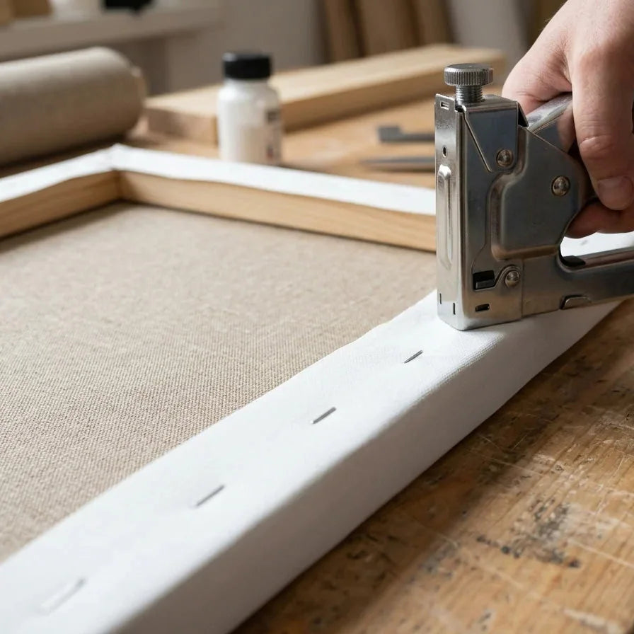 Stretching canvas over spruce stretcher bars