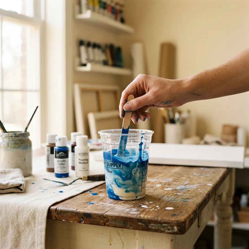 Mixing medium with acrylic paint in a cup