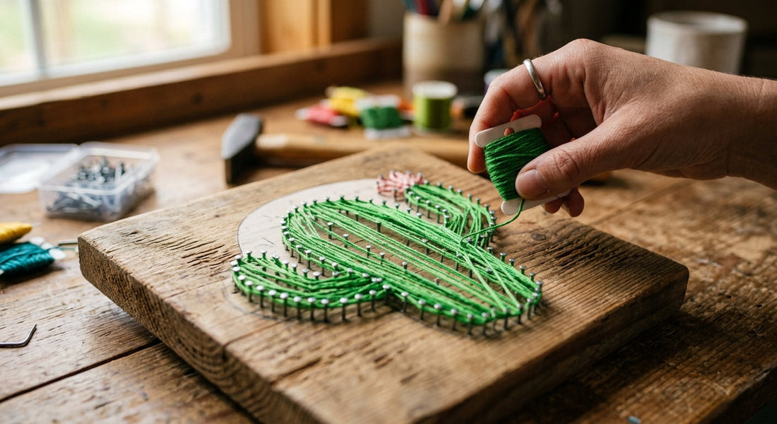 Wanddecoratie maken van hout, spijkers en wol: stappenplan