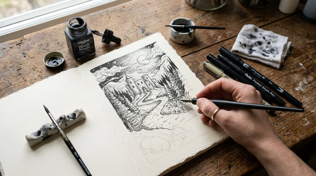 Inktober kresba vytvorená tušom a perami
