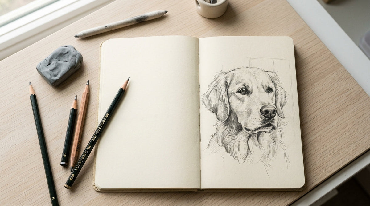Sketchbook with a dog pencil drawing in progress