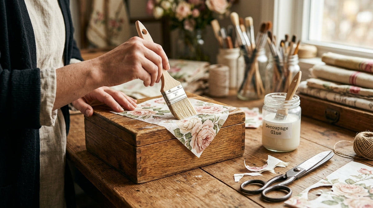 Decoupage technique: napkin motifs glued onto an object