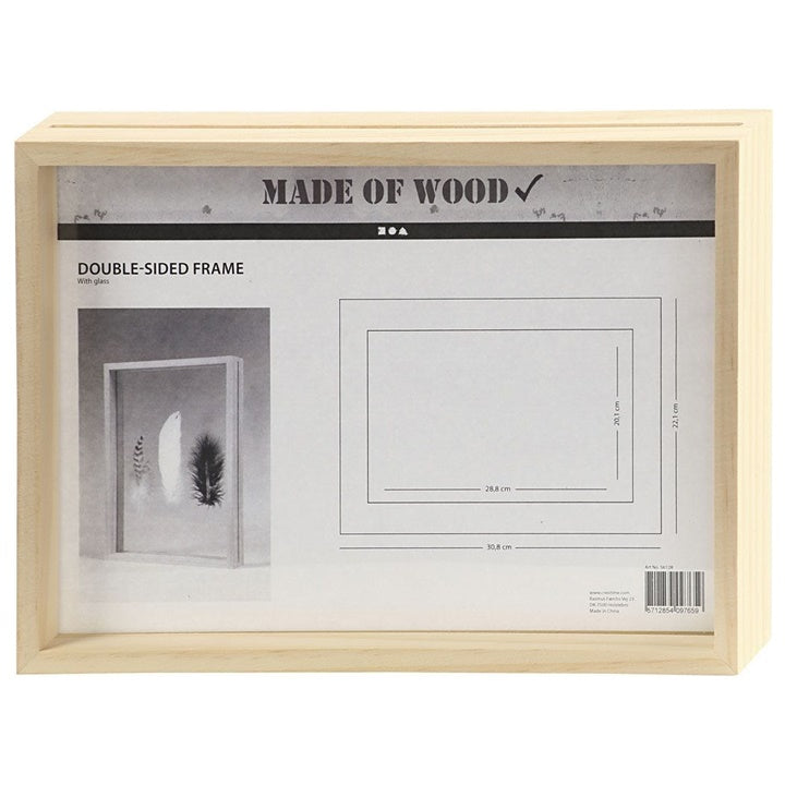 Houten lijst met dubbel glas, dubbelzijdig, 30,8 × 22,1 cm