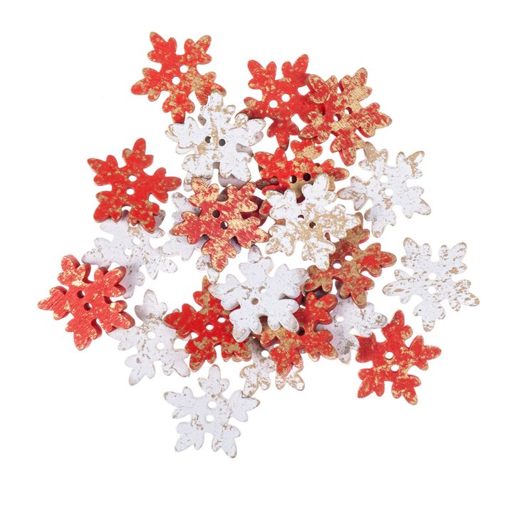 DP Craft houten knopen met sneeuwvlokken 2,5 cm, rood en wit, 24 stuks