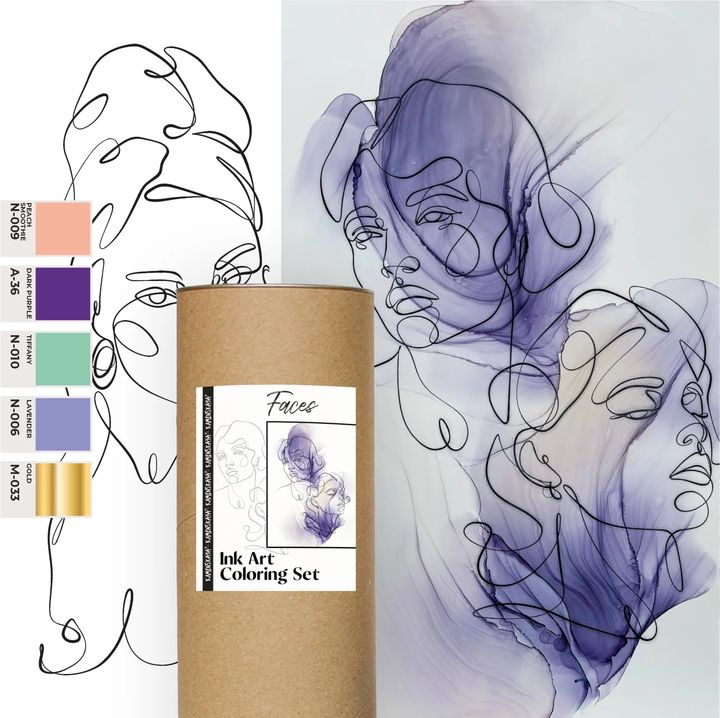 Kamenskaya tekeninkt-set Faces – 5 alcoholinkten met papier