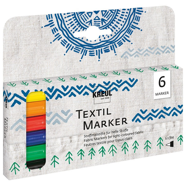 Kreul textielstiften voor kinderen, set van 6 kleuren, 1–2 mm