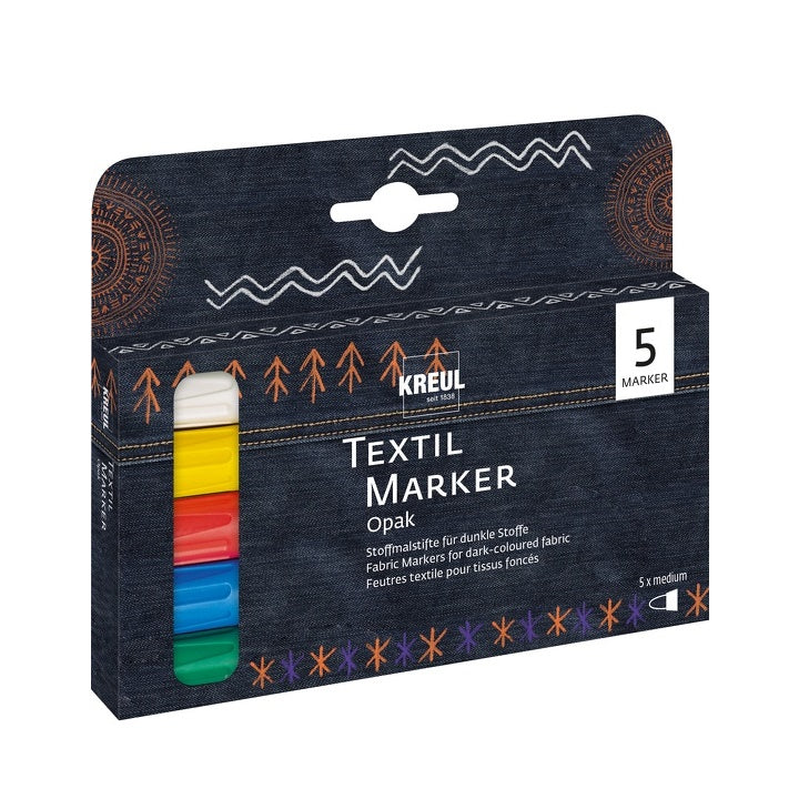 Kreul textielmarkers voor licht en donker textiel, set van 5
