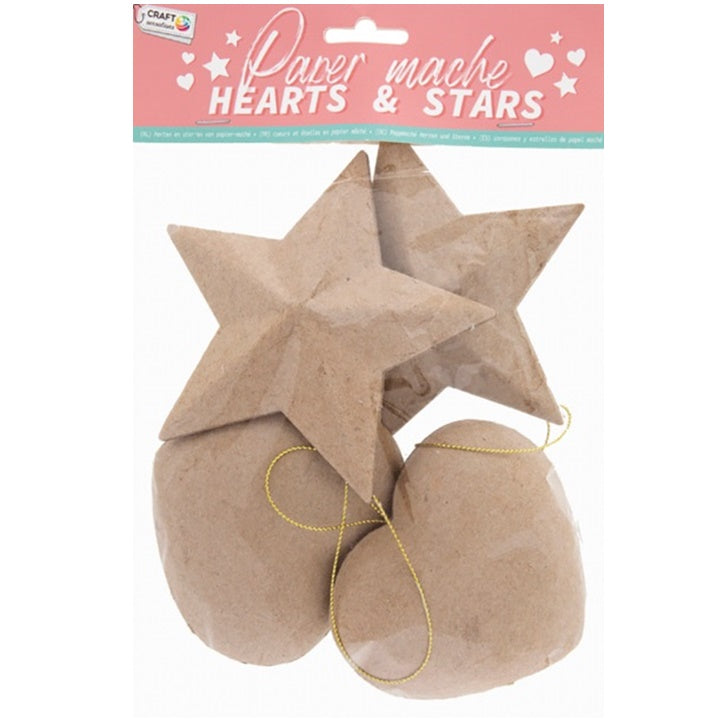 Papier-maché hangers hart en ster, 8–11 cm, 4 stuks