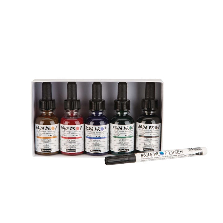 Schmincke Aqua Drop vloeibare aquarelverf 5 × 30 ml + brushpen – afbeelding 2