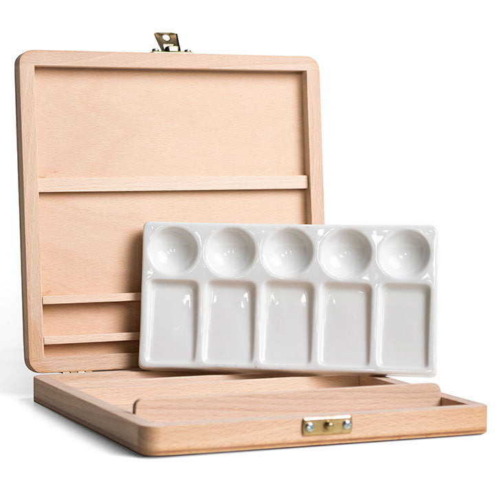 Houten kistje voor aquarelverf Umton met porseleinen palet