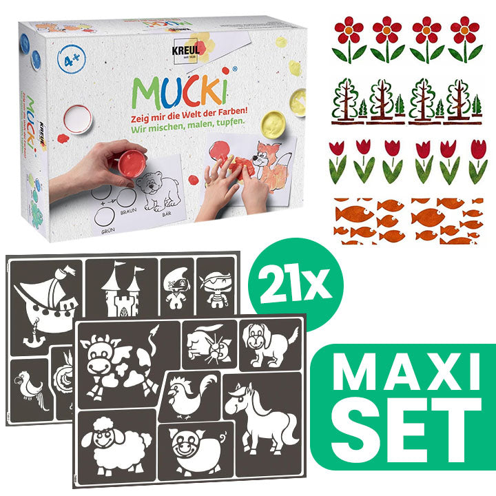 Set met 21 schildersjablonen en MUCKI vingerverf
