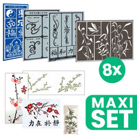 Asian Fantasy sjablonenset voor schilderen en tattoos, 8 stuks