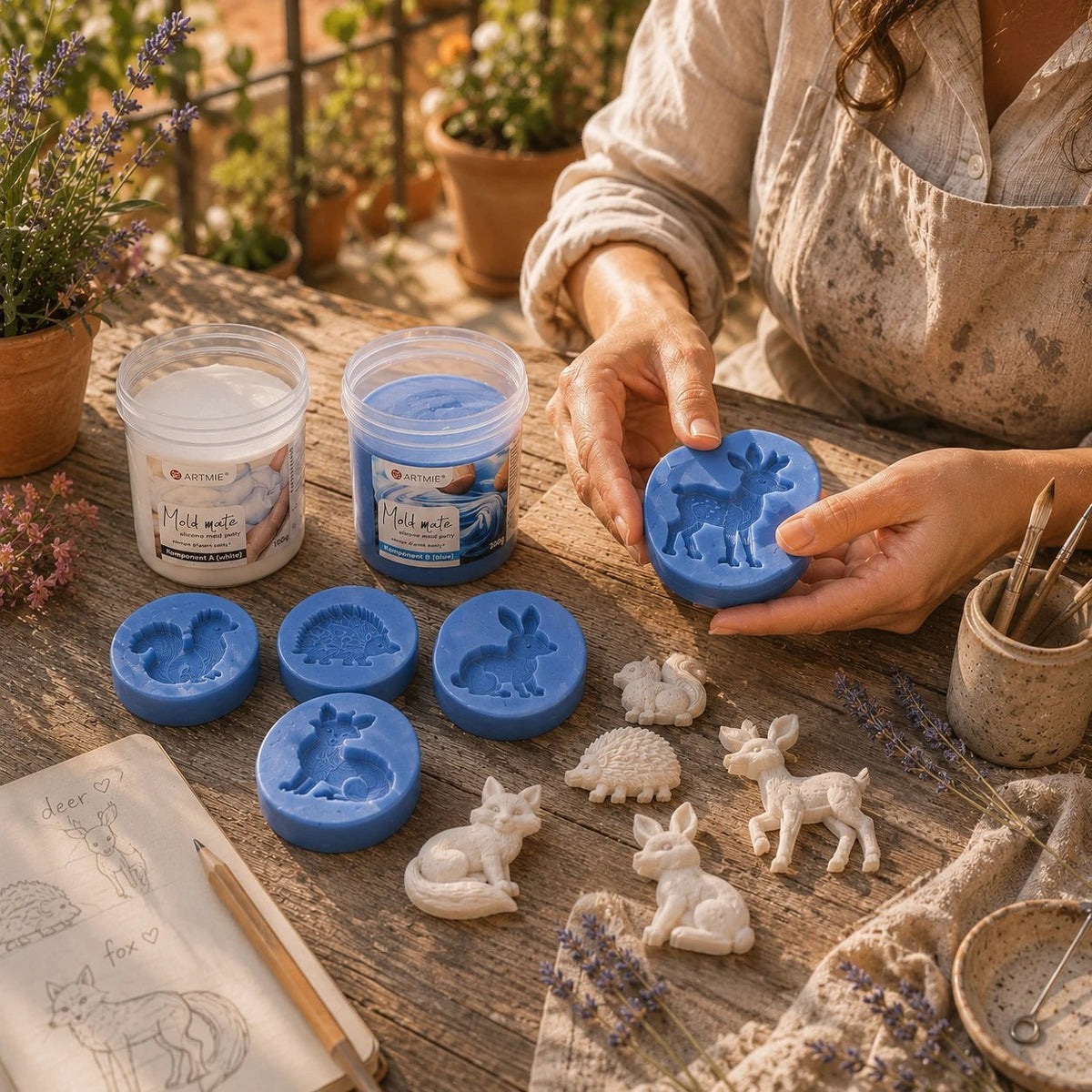 Finished molds made from ARTMiE Mold Mate and plaster animal figures cast in them