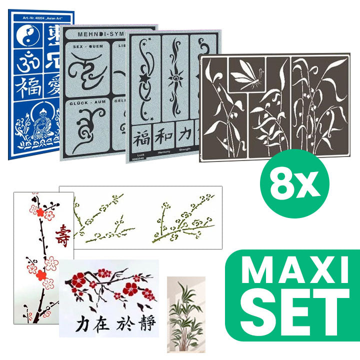 Asian Fantasy Painting and Tattoo Stencil Set, 8 Pieces, Various Sizes and Types