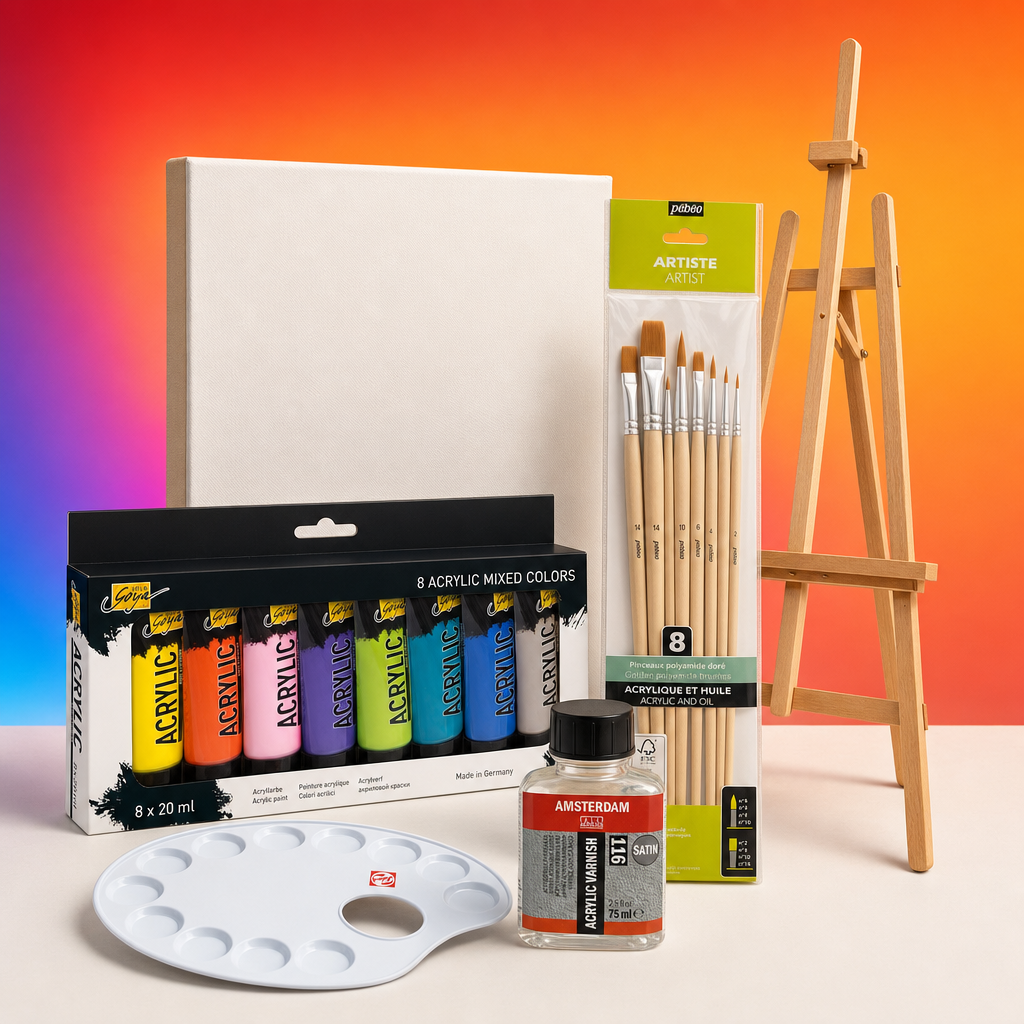 Startset acrylverf met schildersdoek, penselen en ezel