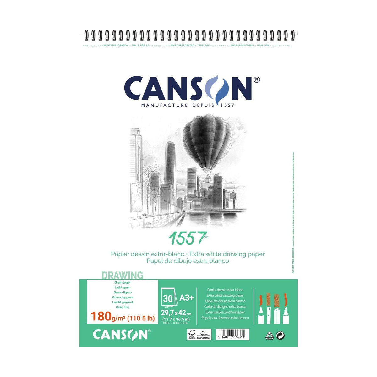 Canson 1557 tekenblok A3 spiraalgebonden – 180 g/m², 30 vel