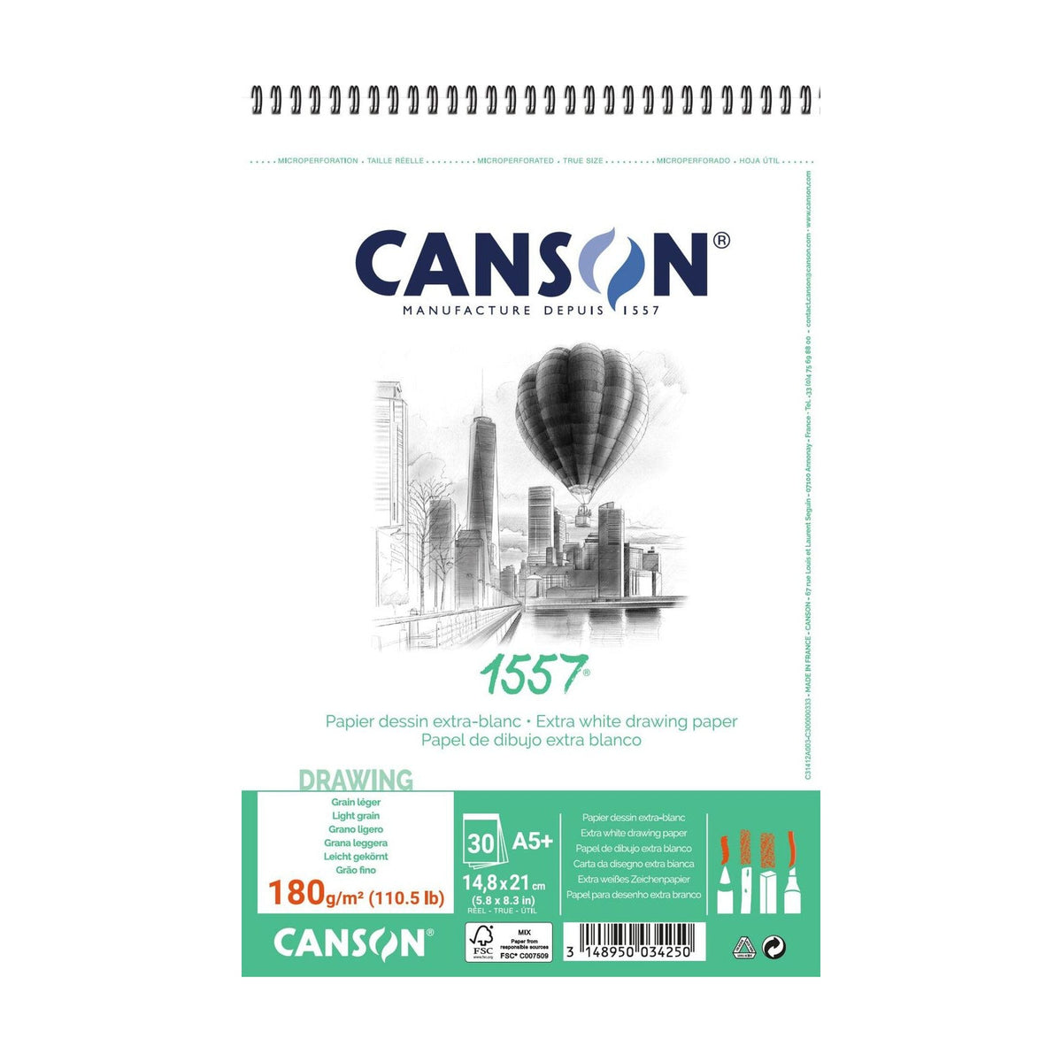 Canson 1557 tekenblok A5, 180 g/m², 30 vellen, spiraalgebonden