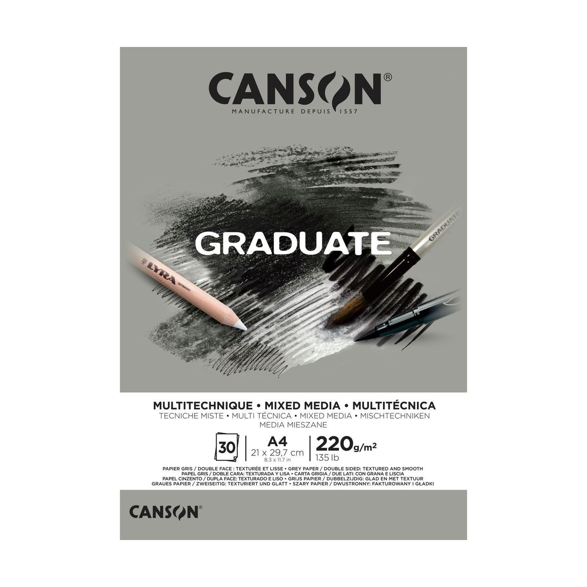 Canson Graduate mixed-mediablok Grey A4, 220 g/m², 30 vellen