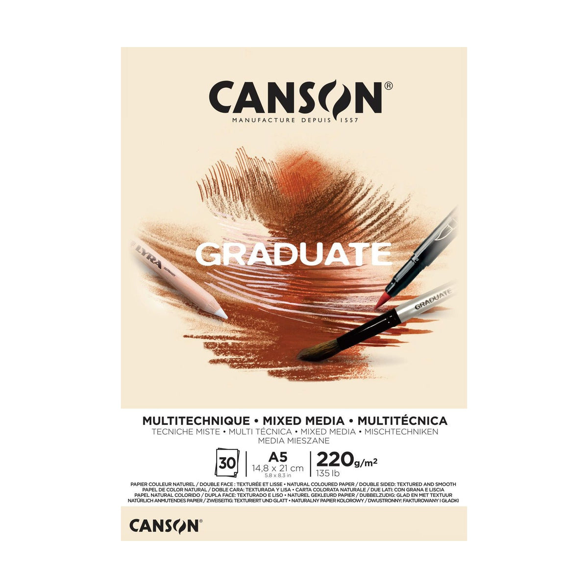 Canson Graduate mixed-mediablok Natural A5, 220 g/m², 30 vellen