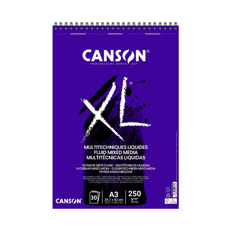 Canson XL Fluid Mix Media mixed-mediablok A3, 250 g/m², 30 vel, spiraal