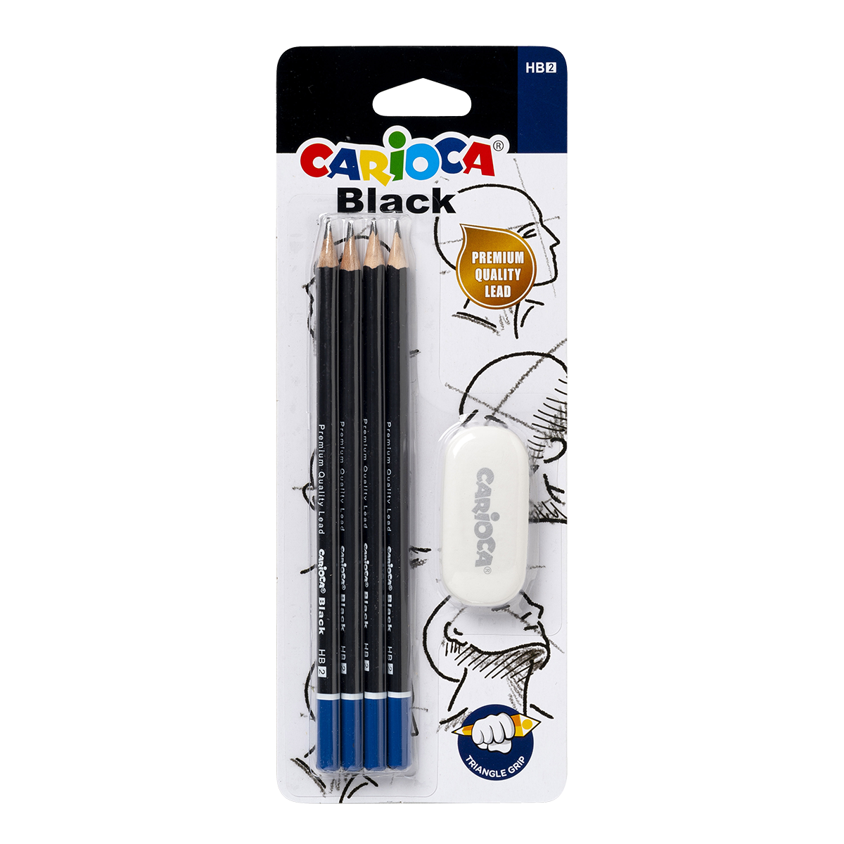 Carioca Black driekantige grafietpotloden 2/HB met gum, 4 stuks
