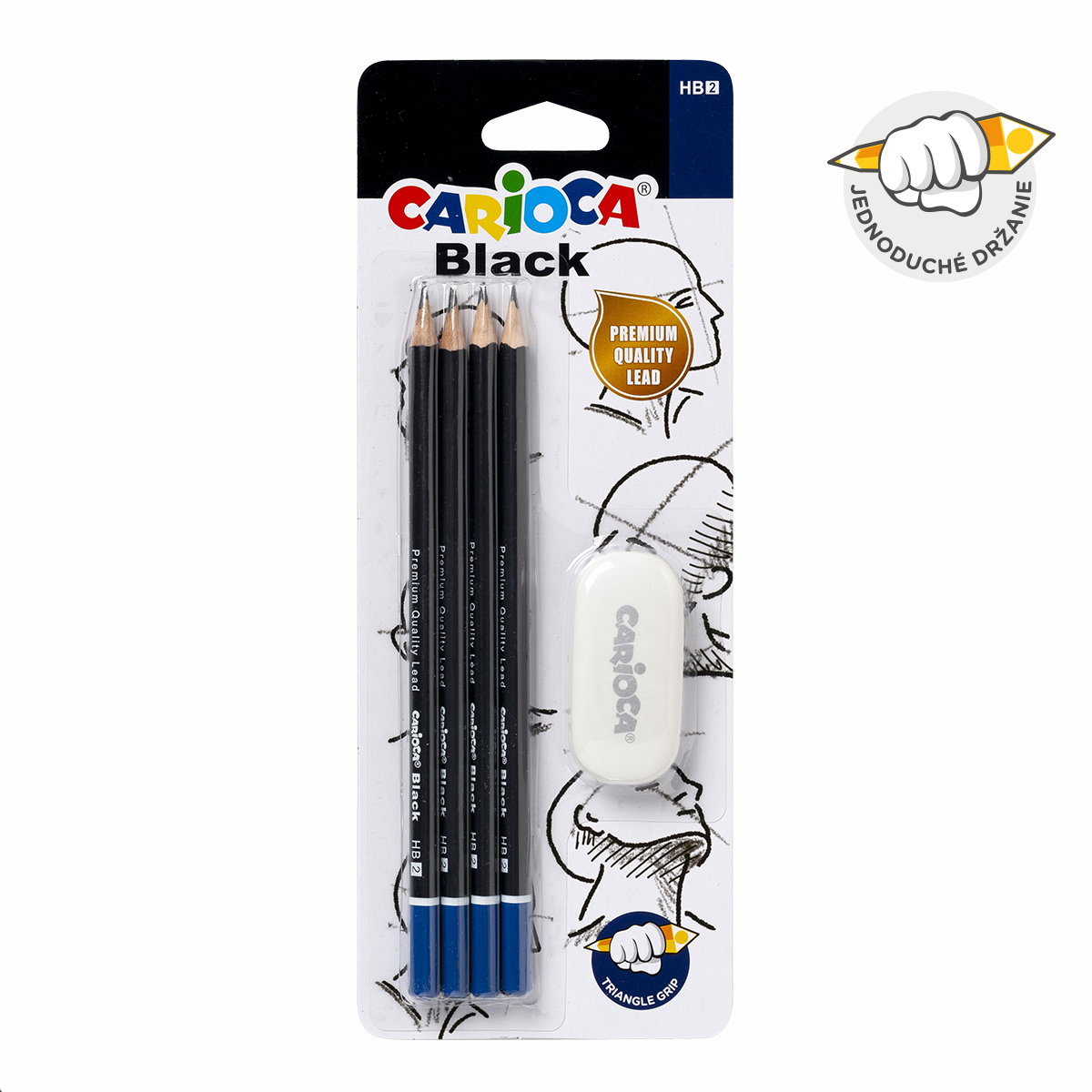 Carioca Black driekantige grafietpotloden 2/HB met gum, 4 stuks