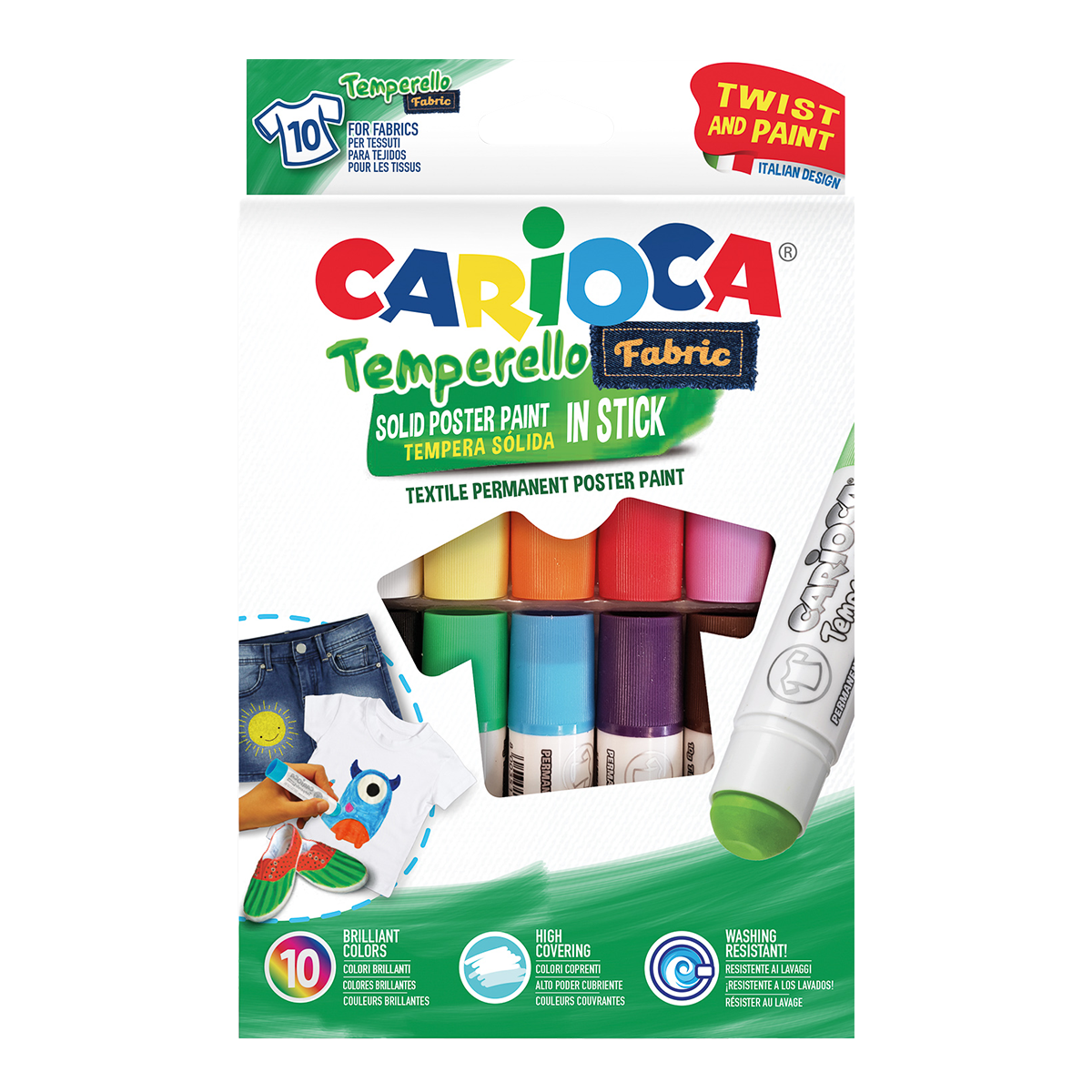 Carioca textielverf in stick, set van 10 kleuren