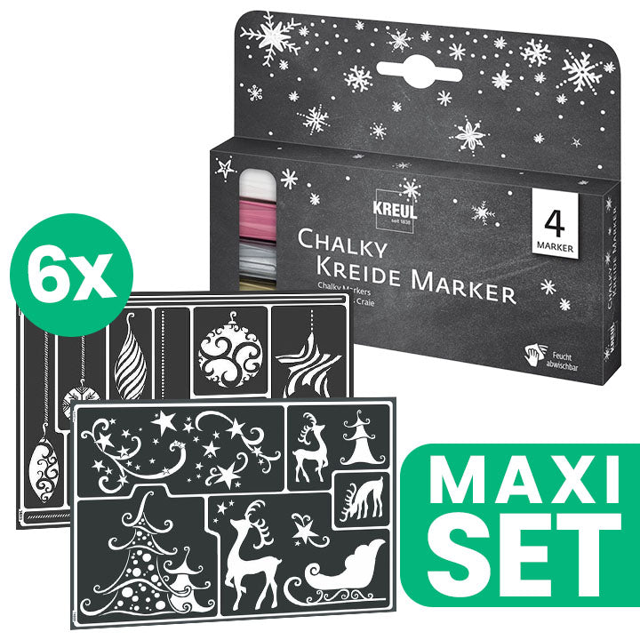 Christmas Stencil Collection, Set of 6 + Set of Chalk Paint Markers for Glass