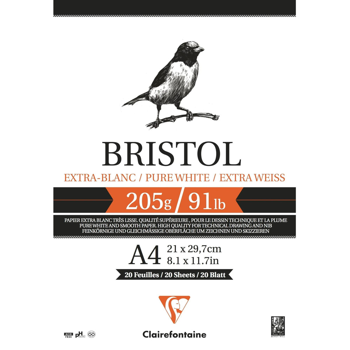 Clairefontaine Bristol tekenblok 205 g/m², 20 vel, A4 en A3