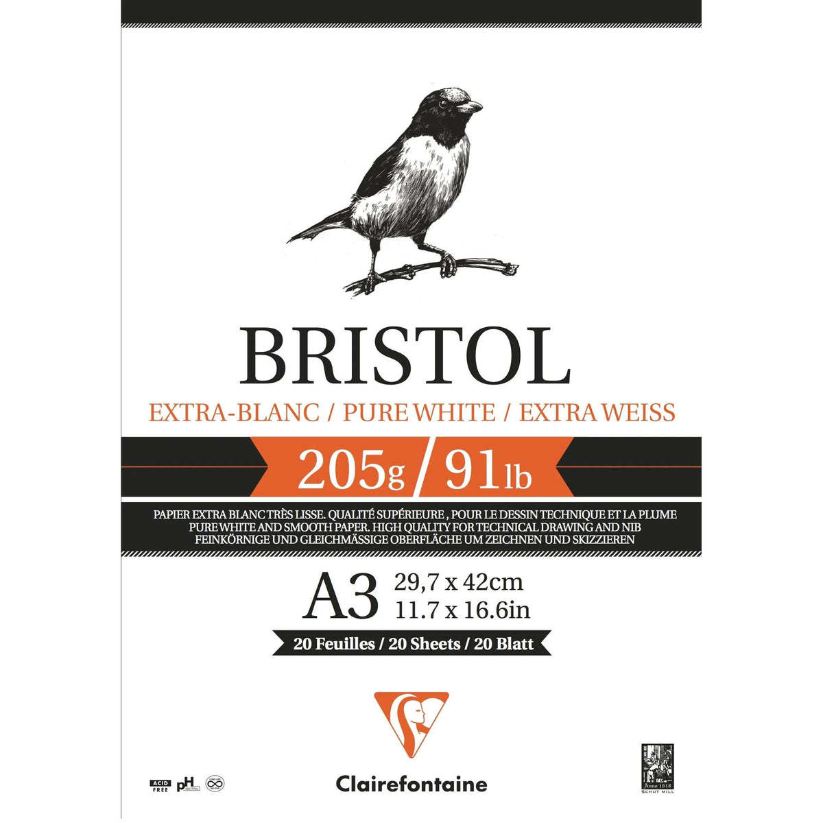 Clairefontaine Bristol tekenblok 205 g/m², 20 vel, A4 en A3