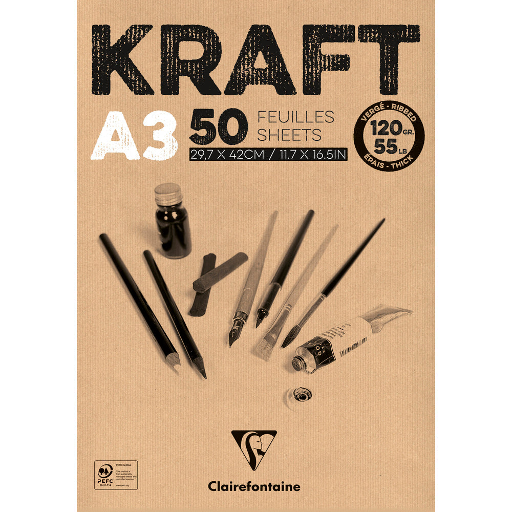 Clairefontaine kraftpapierblok gelijmd, A4 en A3 – 120 g/m², 50 vel, A3
