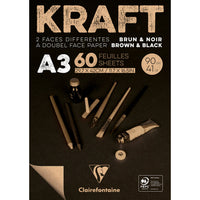 Clairefontaine kraftpapierblok gelijmd, A4 en A3 – 90 g/m², 60 vel, A3, bruin en zwart