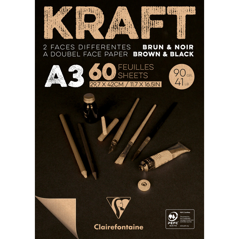 Clairefontaine kraftpapierblok gelijmd, A4 en A3 – 90 g/m², 60 vel, A3, bruin en zwart