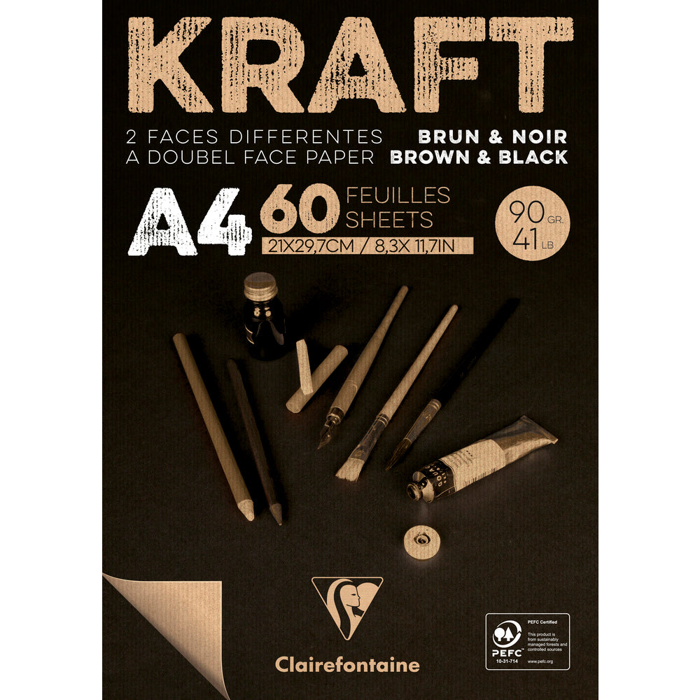 Clairefontaine kraftpapierblok gelijmd, A4 en A3 – 90 g/m², 60 vel, A4, bruin en zwart