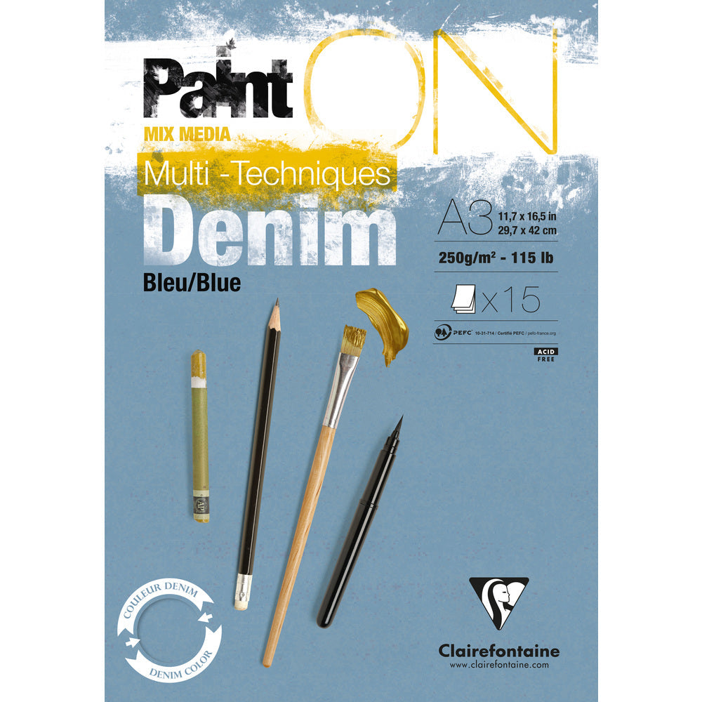 Clairefontaine Paint'On mixed-mediablok 250 g/m², gelijmd – 15 vel, A3, denimblauw