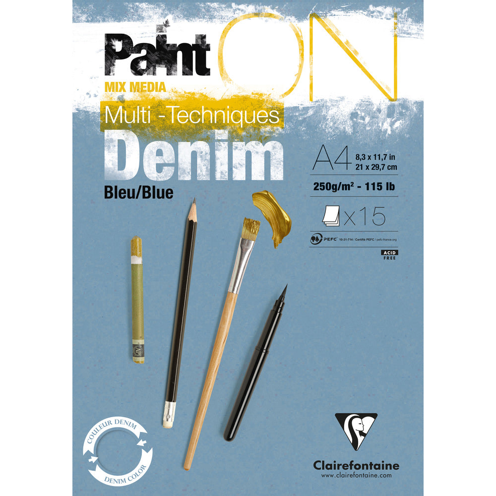 Clairefontaine Paint'On mixed-mediablok 250 g/m², gelijmd – 15 vel, A4, denimblauw