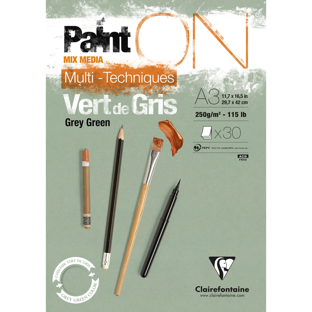 Clairefontaine Paint'On mixed-mediablok 250 g/m², gelijmd – 30 vel, A3, grijsgroen