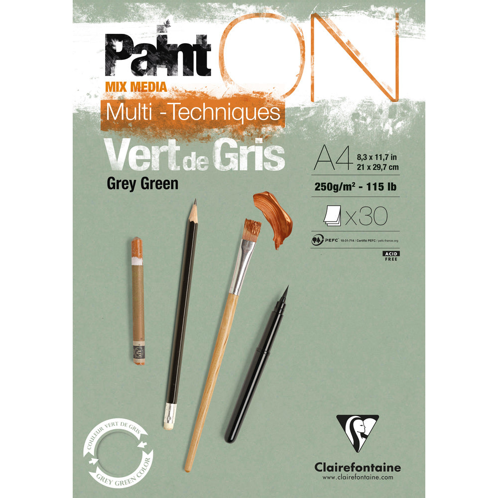 Clairefontaine Paint'On mixed-mediablok 250 g/m², gelijmd – 30 vel, A4, grijsgroen