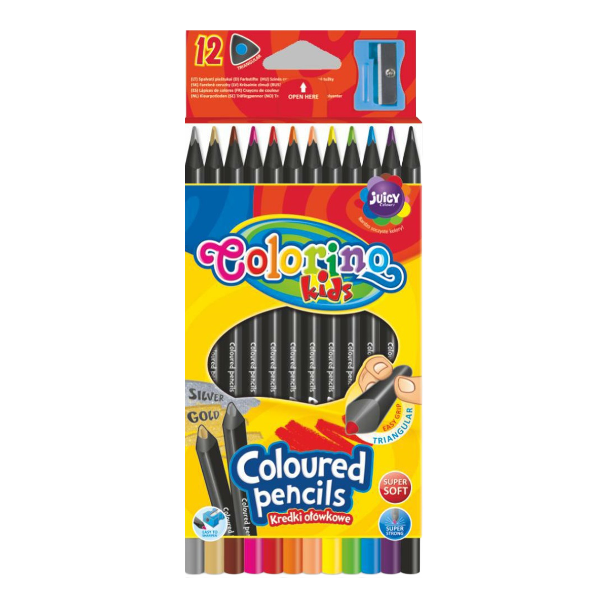 Colorino driekantige kleurpotloden van zwart hout, 12 kleuren
