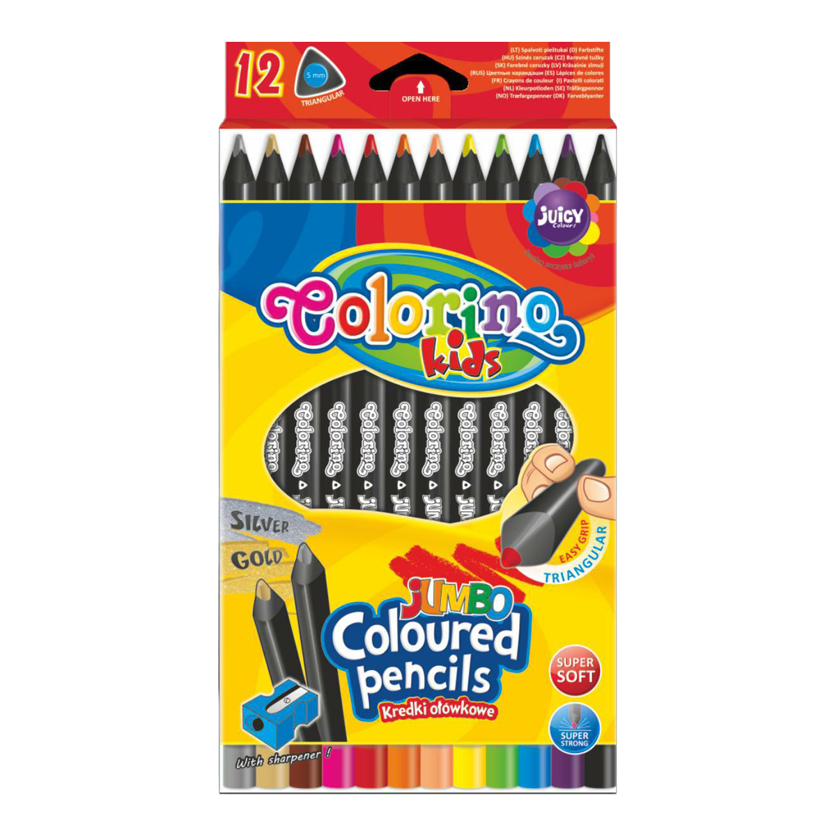 Colorino JUMBO kleurpotloden zwart met puntenslijper, 12 kleuren