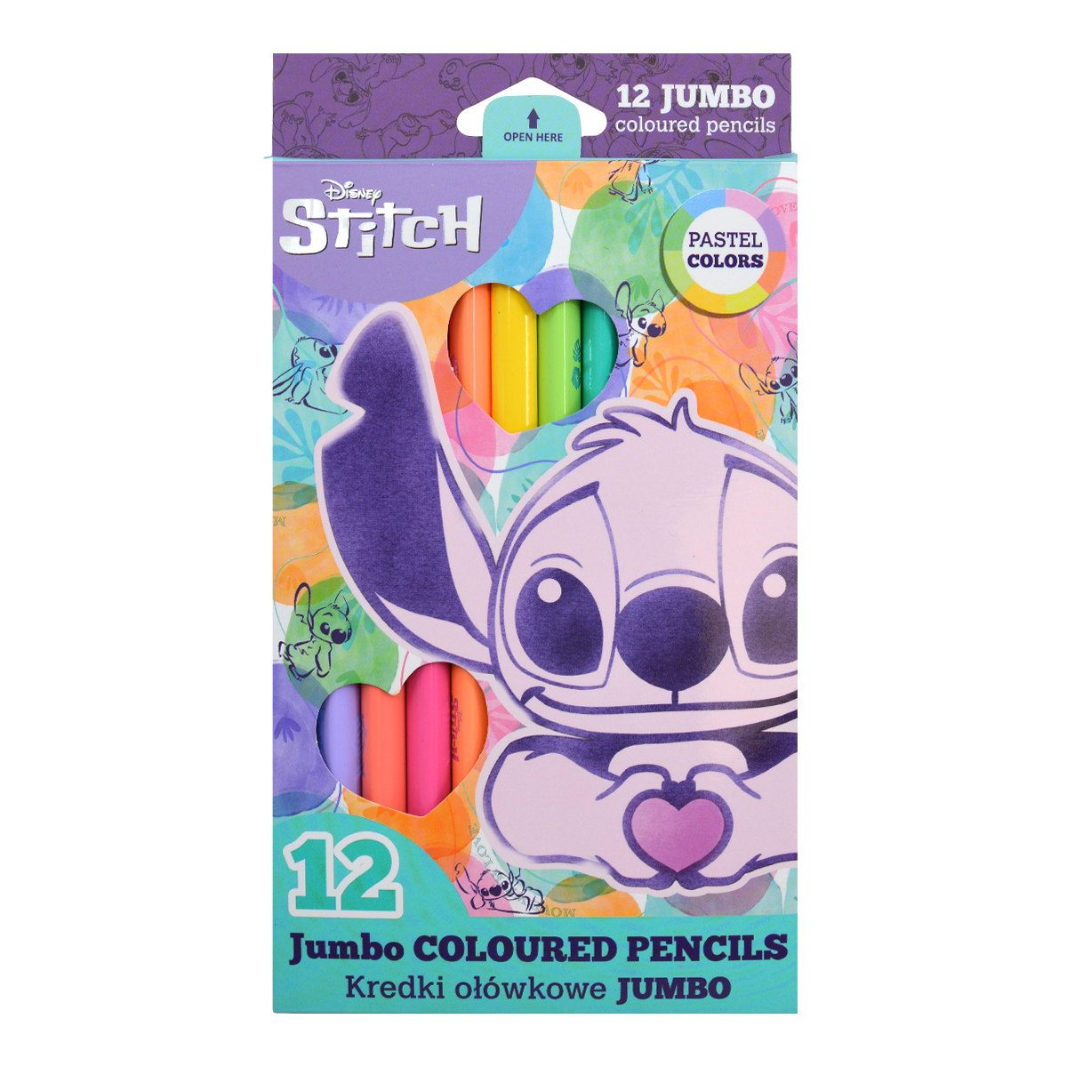 Colorino JUMBO Stitch Pastel driekantige kleurpotloden, 12 kleuren