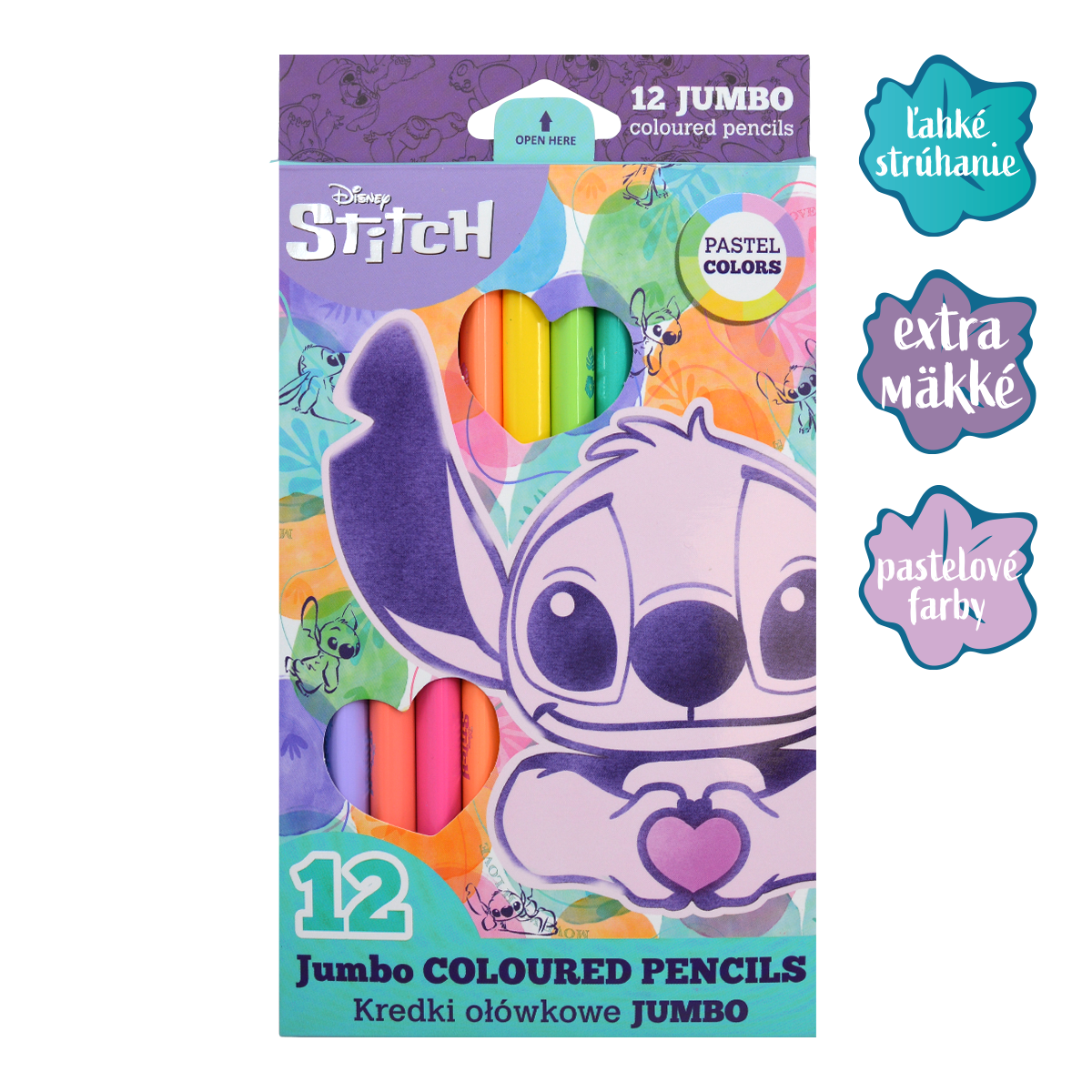 Colorino JUMBO Stitch Pastel driekantige kleurpotloden, 12 kleuren