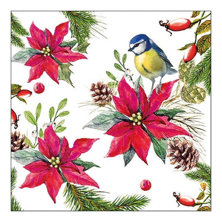 Eco Decoupage Napkin Bird on Poinsettia - 1 pc