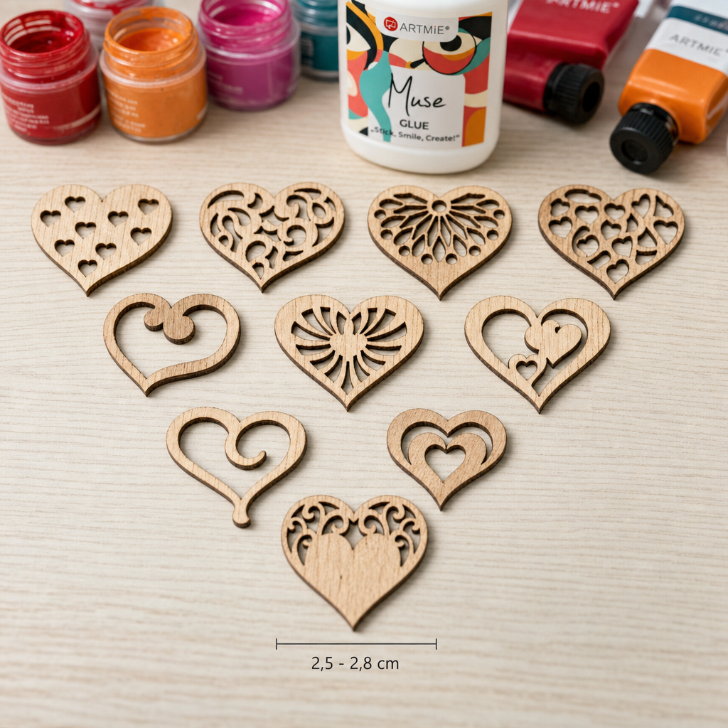 Houten hartjes van populierenhout, set van 10, 2,5–2,8 cm
