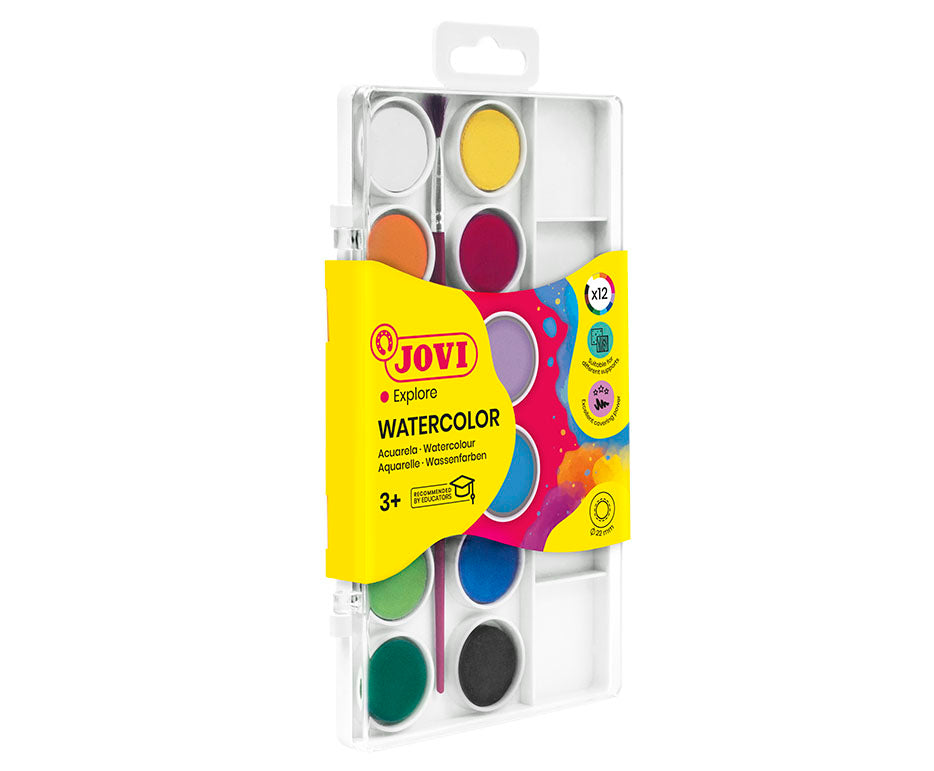 JOVI waterverf in napjes Ø 22 mm, 12 kleuren met penseel