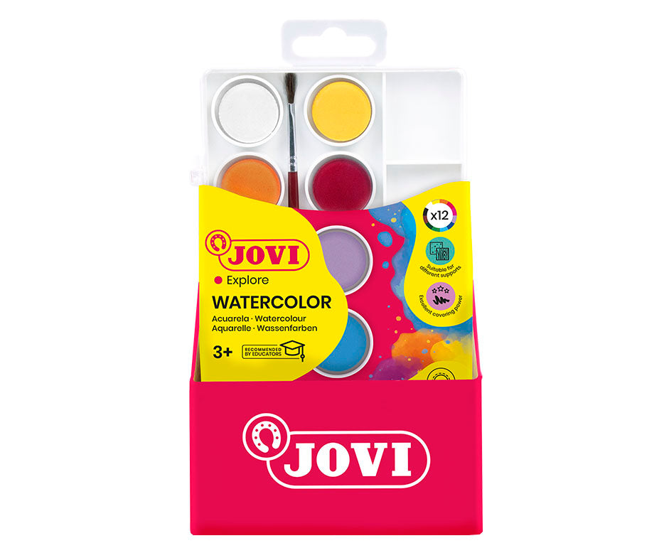 JOVI waterverf in napjes Ø 22 mm, 12 kleuren met penseel